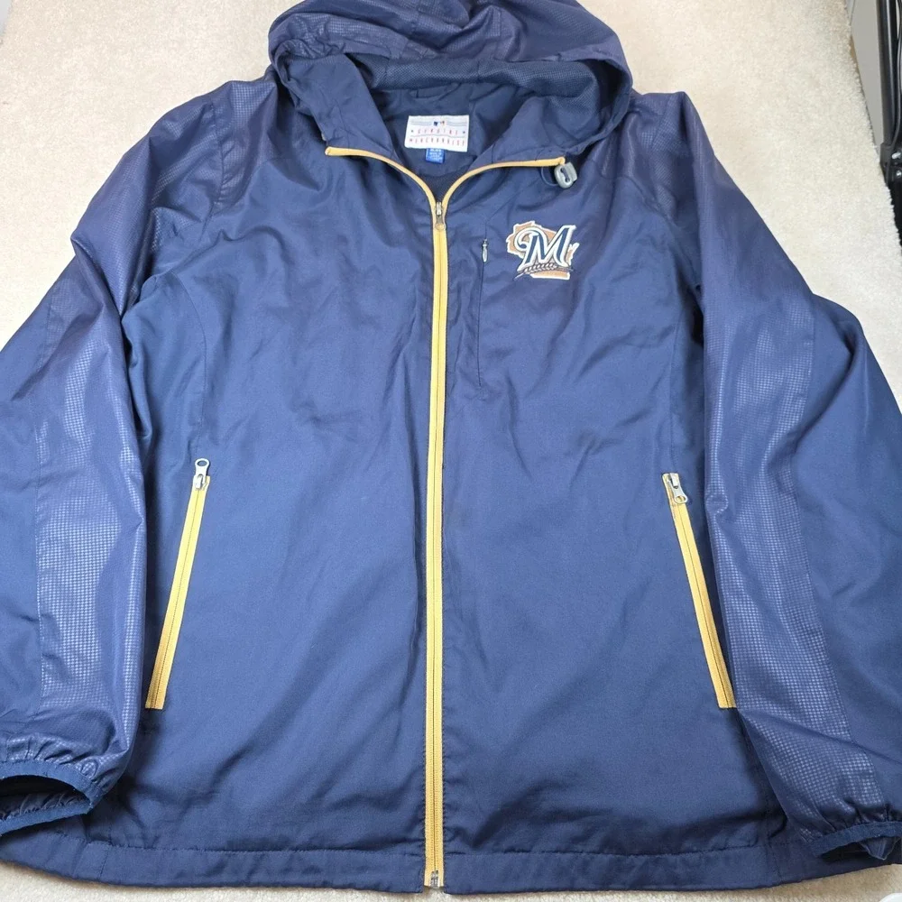 Milwaukee Brewers MLB Genuine Merchandise Windbreaker Jacket Mens XL Blue Hooded